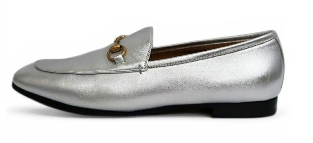 Gucci Jordaan Silver Metallic Leather Horsebit Loafers Flats Size 36